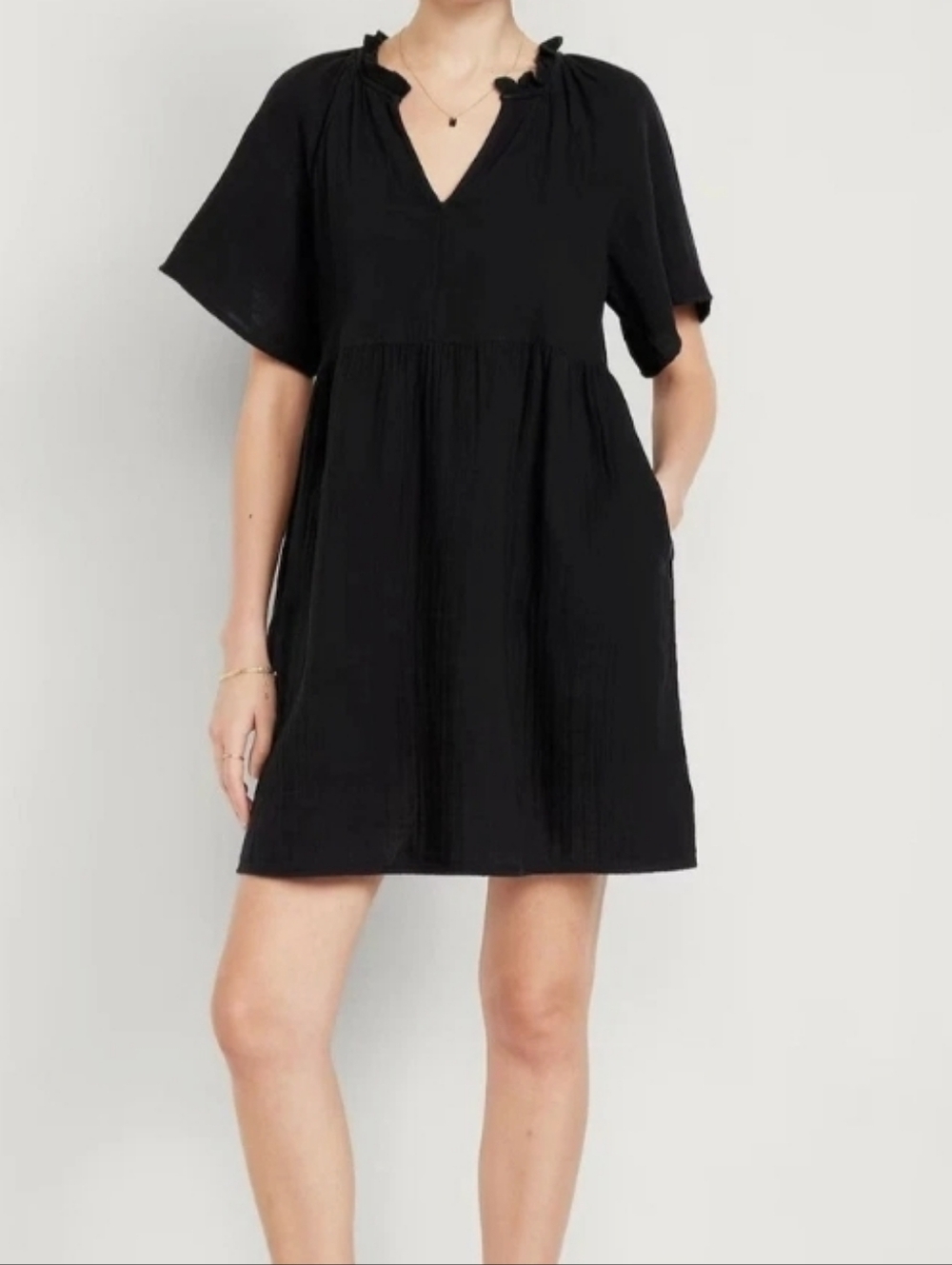 Old Navy Black Crinkle Gauze V-Neck Mini Dress
